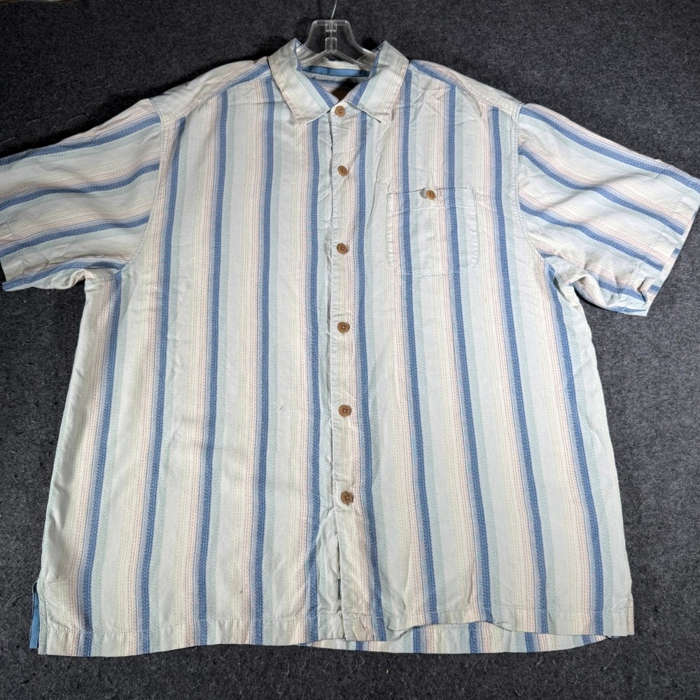 Tommy Bahama Mens XL Silk Short Sleeve Button Down Shirt Blue Green Stripe